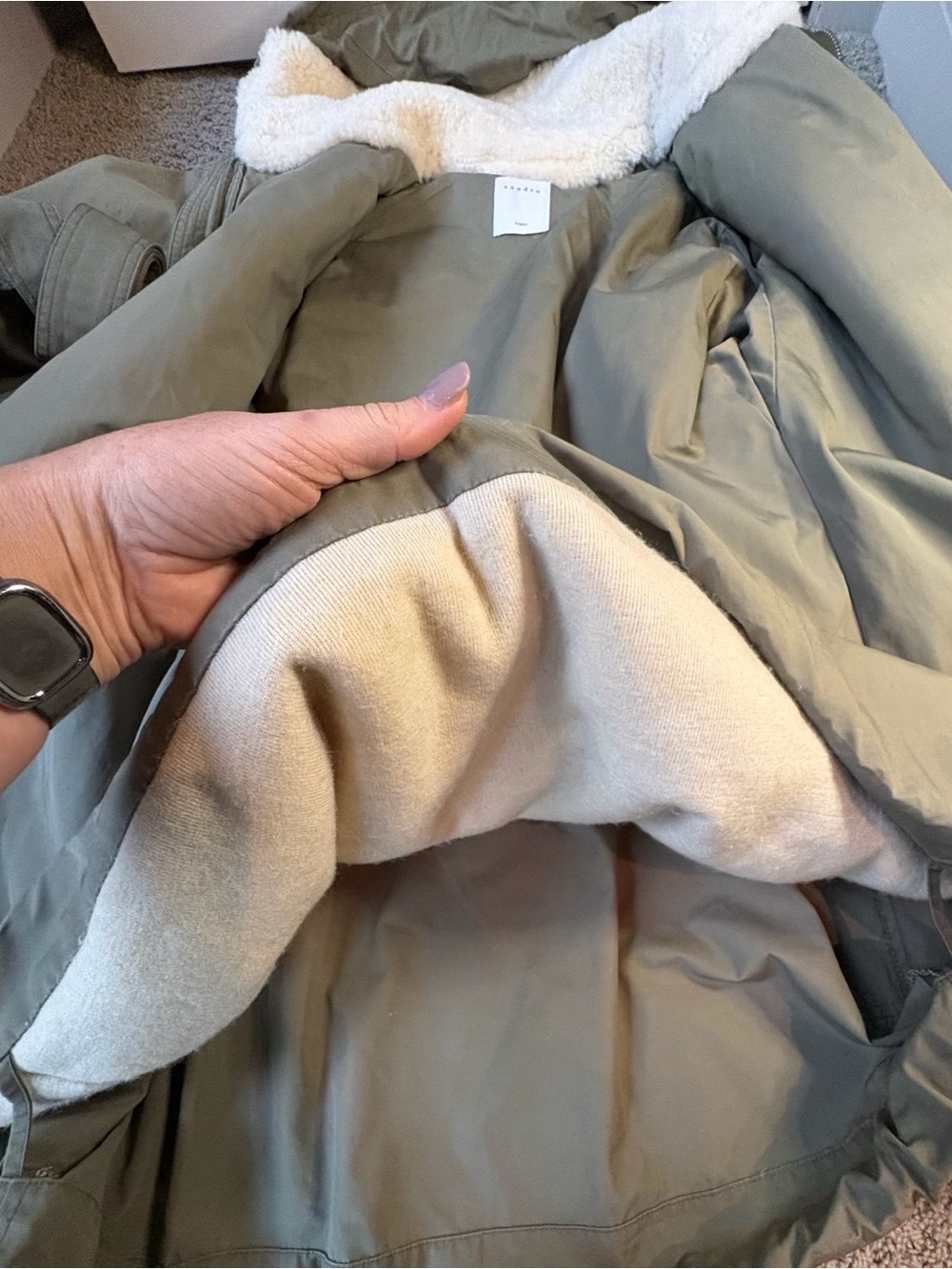 Sandro Khaki Sherpa Lined Minimalist Utility Parka | OVERSIZED XS (fits s/m) - Picture 5 of 7